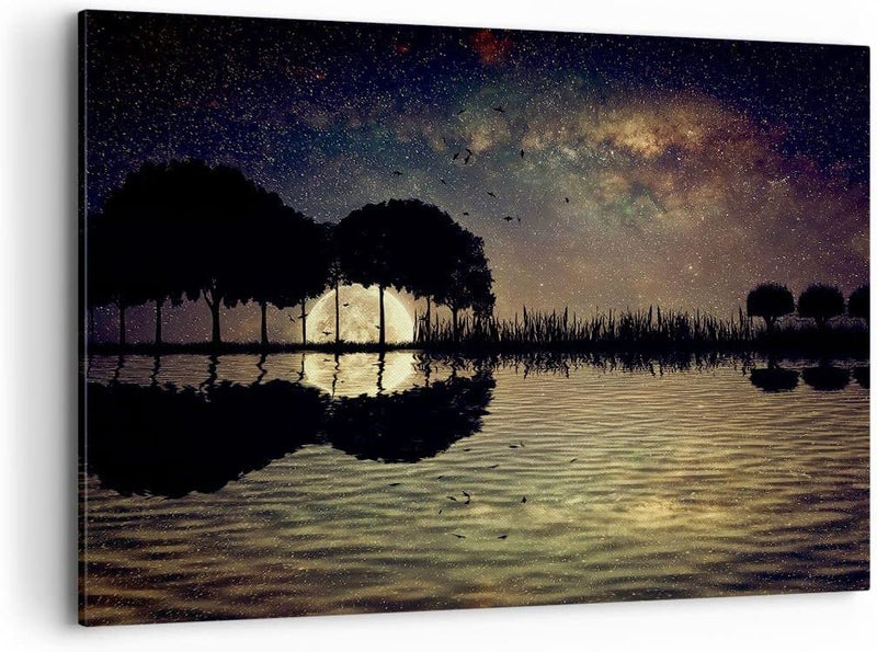 Bilder auf Leinwand 100x70cm Leinwandbild mit Rahmen See Nacht Wasser Gross Wanddeko Bild Schlafzimm