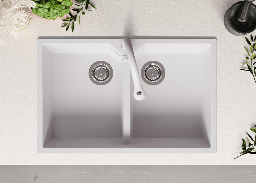 Spülbecken Weiss 78 x 50 cm, Granitspüle + Küchenarmatur + Ablauf-Set, Küchenspüle ab 80er Unterschr
