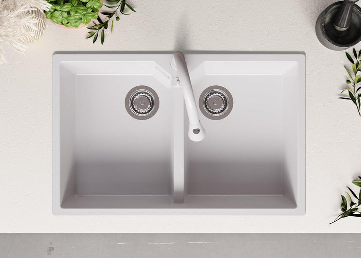 Spülbecken Weiss 78 x 50 cm, Granitspüle + Küchenarmatur + Ablauf-Set, Küchenspüle ab 80er Unterschr