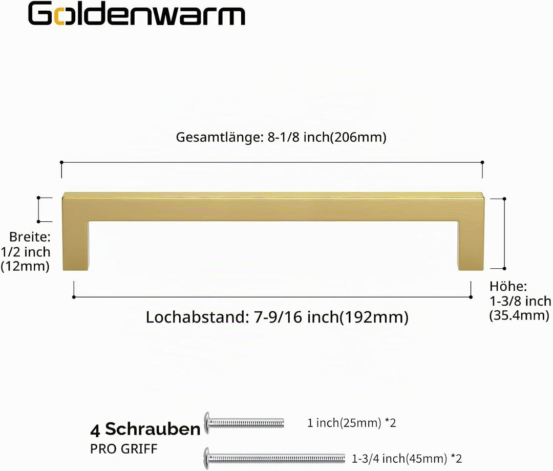 10 Stück goldenwarm Möbelgriffe Gold Griffe Küche Gold Möbelgriffe Edelstahl 192mm -LSJ12GD192 Griff