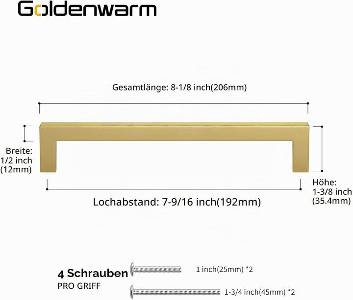 10 Stück goldenwarm Möbelgriffe Gold Griffe Küche Gold Möbelgriffe Edelstahl 192mm -LSJ12GD192 Griff