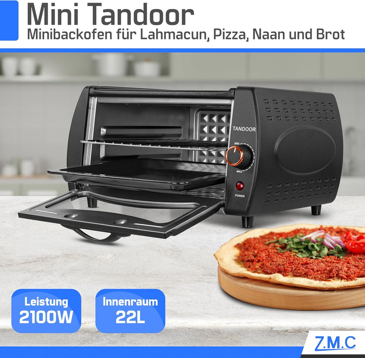 ZMC Mini Tandoor 2100W 22L - Minibackofen für Lahmacun, Pizza, Naan und Brot. Inklusive Backblech un