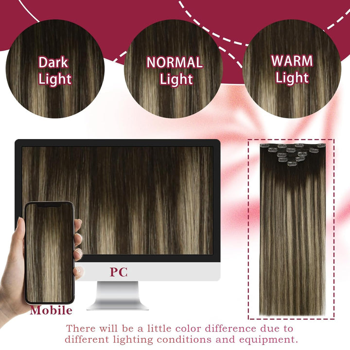 Vivien Haar Extensions Echthaar Clips Ombre Braun 55 cm Remy Haarverlängerungen Echthaar Clip in Bra