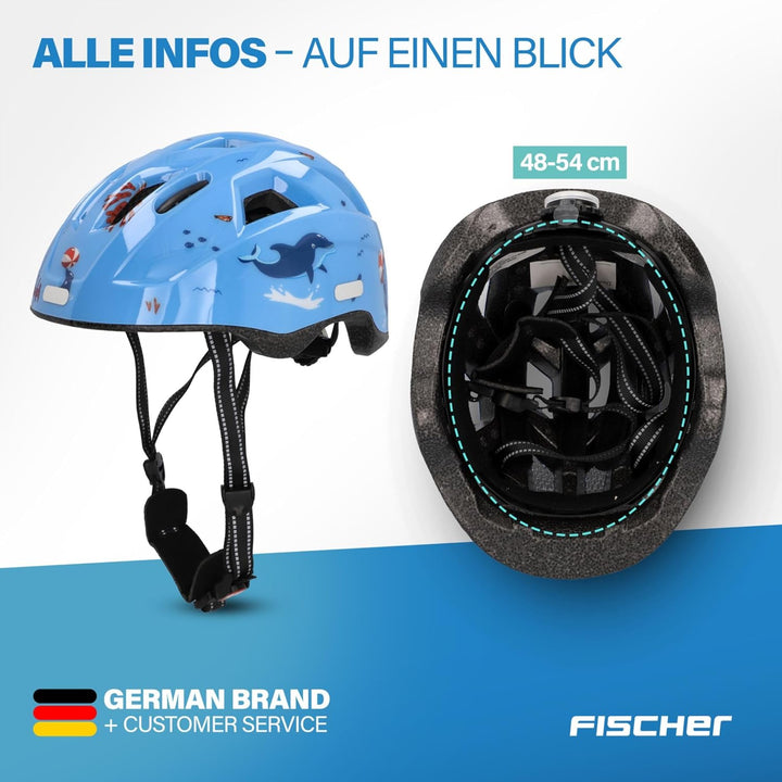 FISCHER Kinder-Helm, Fahrradhelm, Jugendhelm mit integriertem LED-Rücklicht, XS/S, 48-54cm Delfin, D