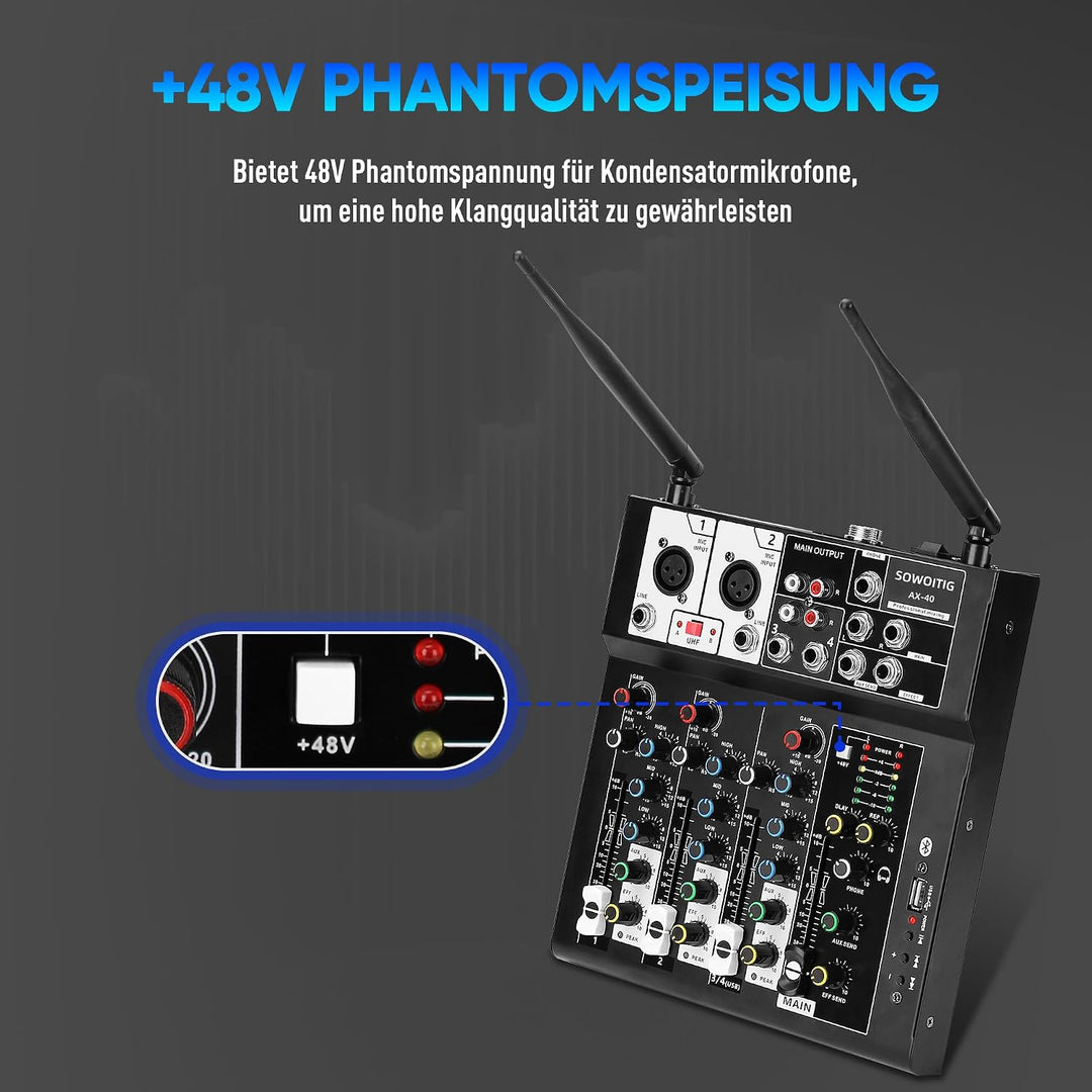 Karaoke Mischpult mit 2 kabellosen Mikrofonen, 4-Kanal Audio Mixer DJ Konsole Musik Soundboard Draht
