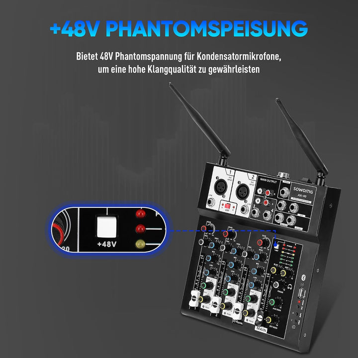 Karaoke Mischpult mit 2 kabellosen Mikrofonen, 4-Kanal Audio Mixer DJ Konsole Musik Soundboard Draht