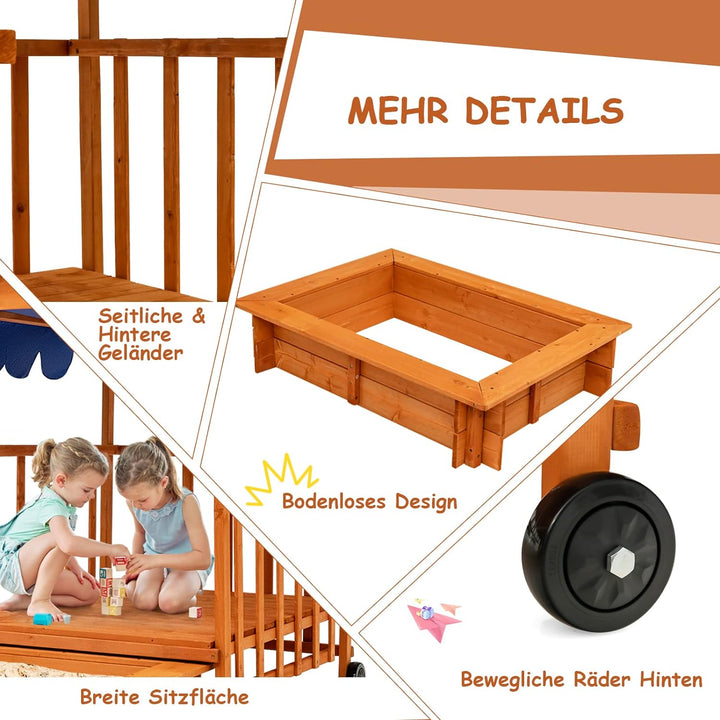 COSTWAY Sandkasten Holz, Spielveranda mit Sandbox, Abdeckung, Dach, Hinterräder, Geländer, rollbarer