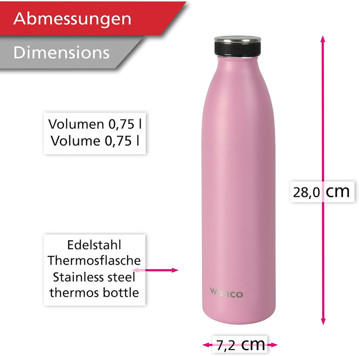 wenco Trinkflasche Edelstahl 0,75l / 750ml isoliert und auslaufsicher für kalte und heisse Getränke