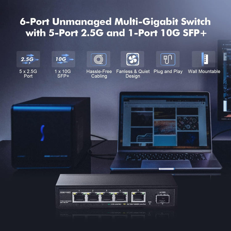 YuLinca 5 Port 2.5G Netzwerk-Switch mit 10G SFP, 5 x 2.5GBASE-T Ports, Kompatibel mit 10/100/1000Mbp