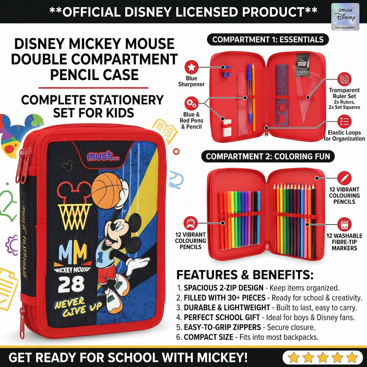 Disney Mickey Mouse Doppel-Federmäppchen mit 2 Fächern, gefüllt mit Schreibwaren für Kinder | Schuls