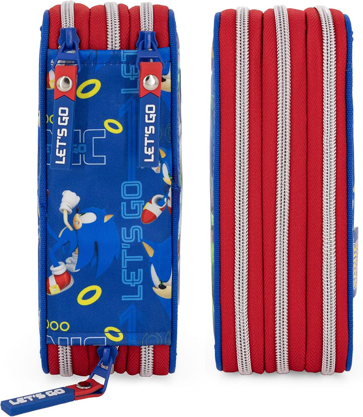 3-Fach Federmäppchen Jungen Gefüllt für Sonic Fan – Schulmäppchen Set 46 Teile mit Radierbaren Stift
