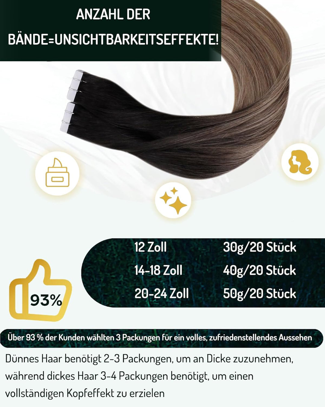 RUNATURE Tape in Extensions Echthaar Balayage Braun Blond 60cm Ombre Haarverlängerung 50g 20pcs #2/6
