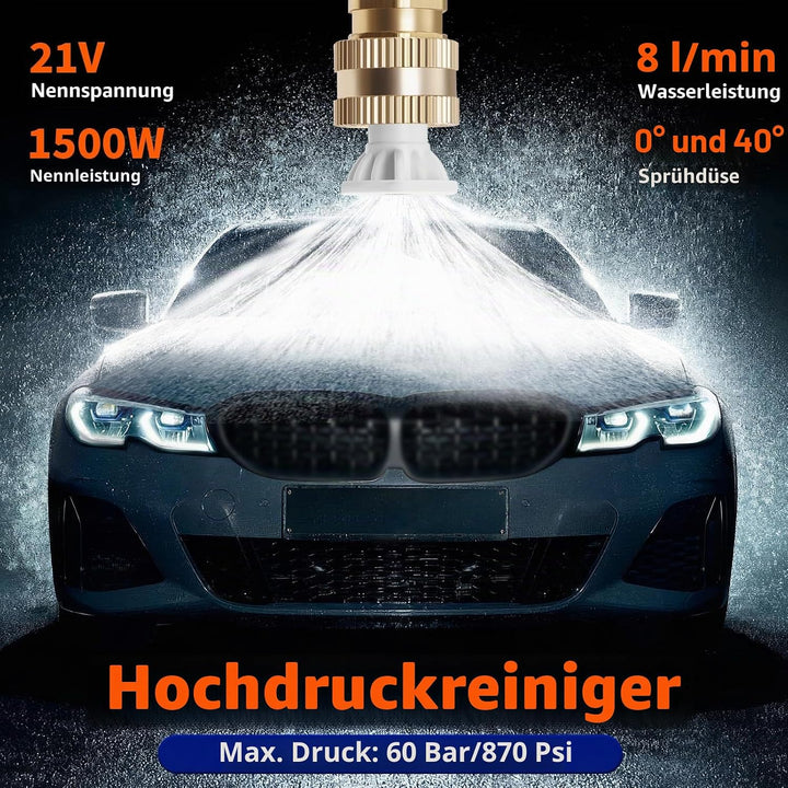 Akku Hochdruckreiniger,21 V, 1500 W, 60 bar,Tragbarer Hochdruckreiniger,3-in-1-Multifunktionsdüse,mi