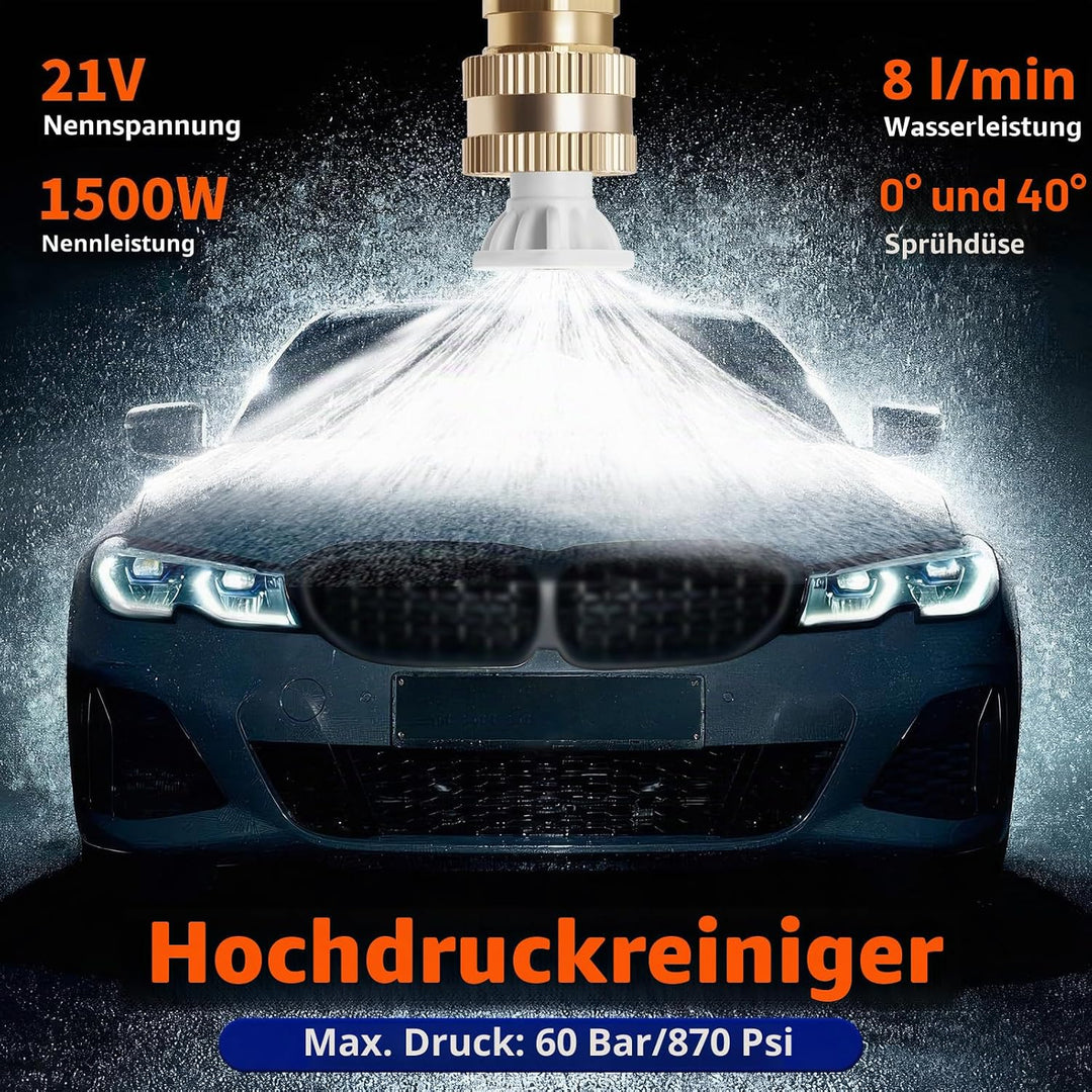 Akku Hochdruckreiniger,3-in-1-Multifunktionsdüse,21 V, 60 bar,1500W,Tragbarer Hochdruckreiniger,mit