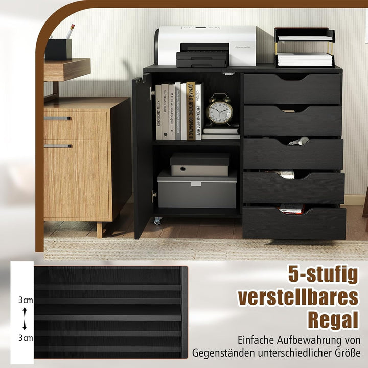 COSTWAY Rollcontainer mit 5 Schubladen &amp; Tür, mobiler Aktenschrank mit Arbeitsplatte &amp; Rollen, Büros