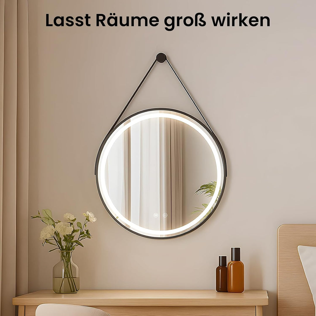 AllRight Badspiegel mit Beleuchtung Rund 50cm–LED Badezimmerspiegel mit 3 dimmbaren Lichtfarben, Ant