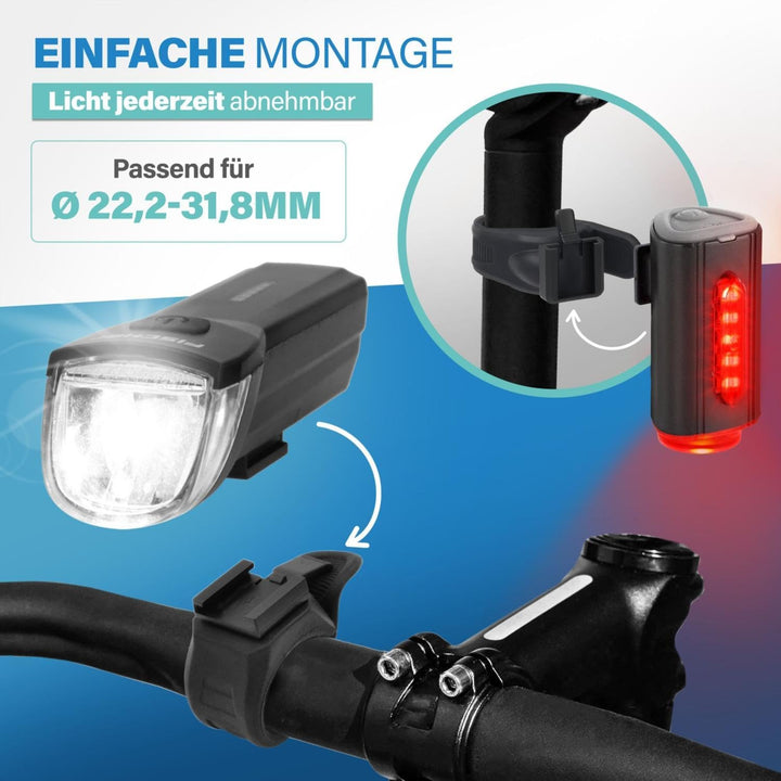 FISCHER Fahrrad-Beleuchtungsset 30/15 Lux, Akku-Leuchtenset TWIN, Front- und 360° Rückleuchte, mit A