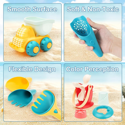 deAO Sandspielzeug Set, 18 Teilig Strandspielzeug Enthält Wasserrad, Strandbuggy, Eimer, Netzbeutel,