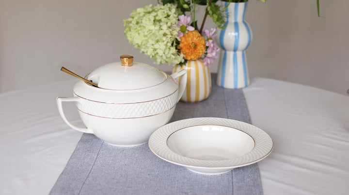 Wilmax - Suppenterrine mit Deckel - 2800ml - Vase aus Porzellan mit Goldmuster - weiss - Hitzebestän