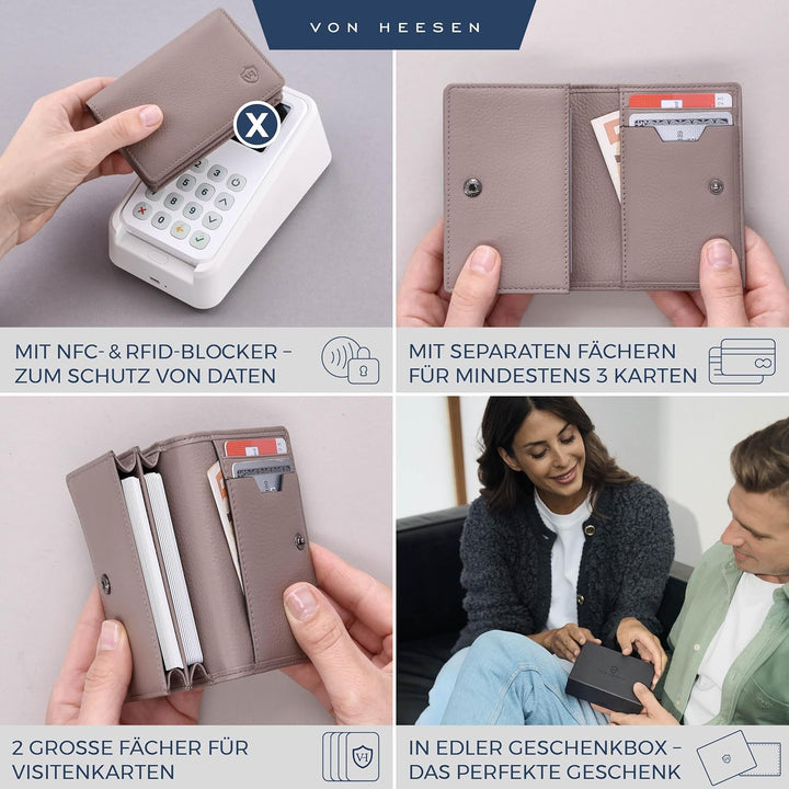 VON HEESEN® Visitenkartenetui Leder mit RFID-Schutz - Platz für 50 Visitenkarten - 6 Fächer - Visite