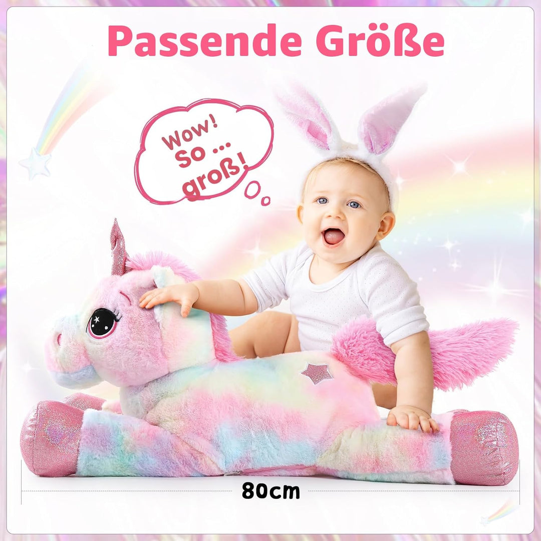 MorisMos Grosser Einhorn Riesen Einhorn Plüschtier XXL Stofftier Kuscheltiere gross 80cm Rosa Einhor