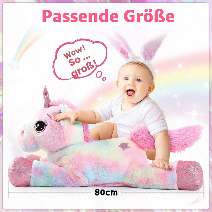MorisMos Grosser Einhorn Riesen Einhorn Plüschtier XXL Stofftier Kuscheltiere gross 80cm Rosa Einhor