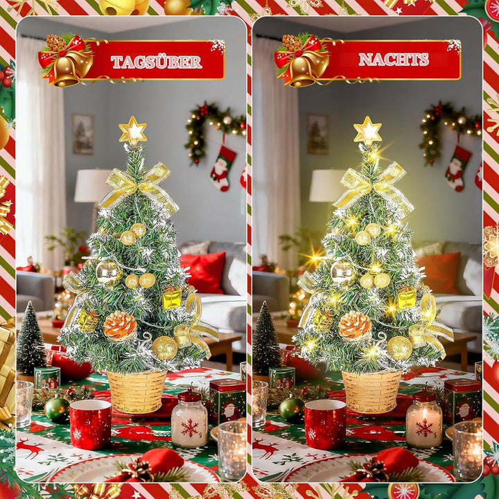 Kleiner Weihnachtsbaum mit Beleuchtung, 45CM Künstlicher Mini Weihnachtsbaum mit Stern und Deko, Ges
