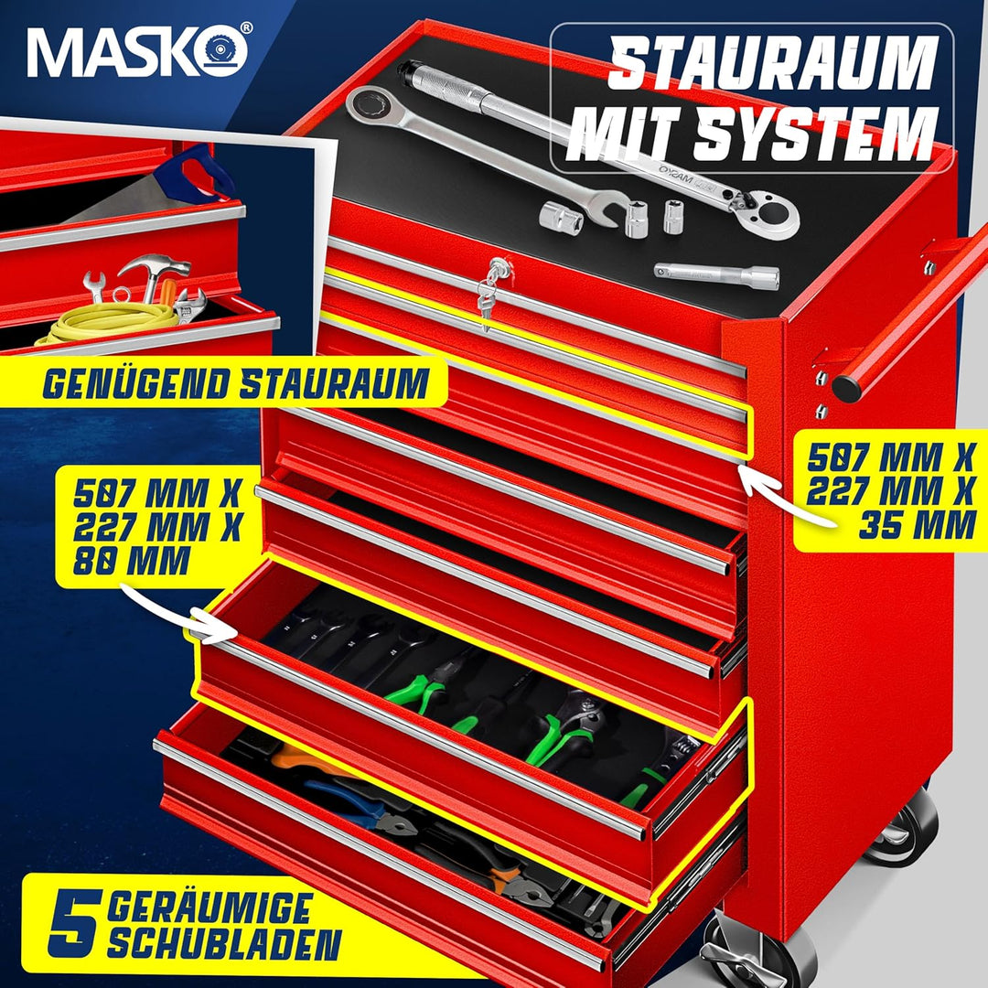 MASKO® Werkstattwagen - 7 Schubladen, rot | Abschliessbar | Massives Metall | Mobiler Werkzeug-Wagen
