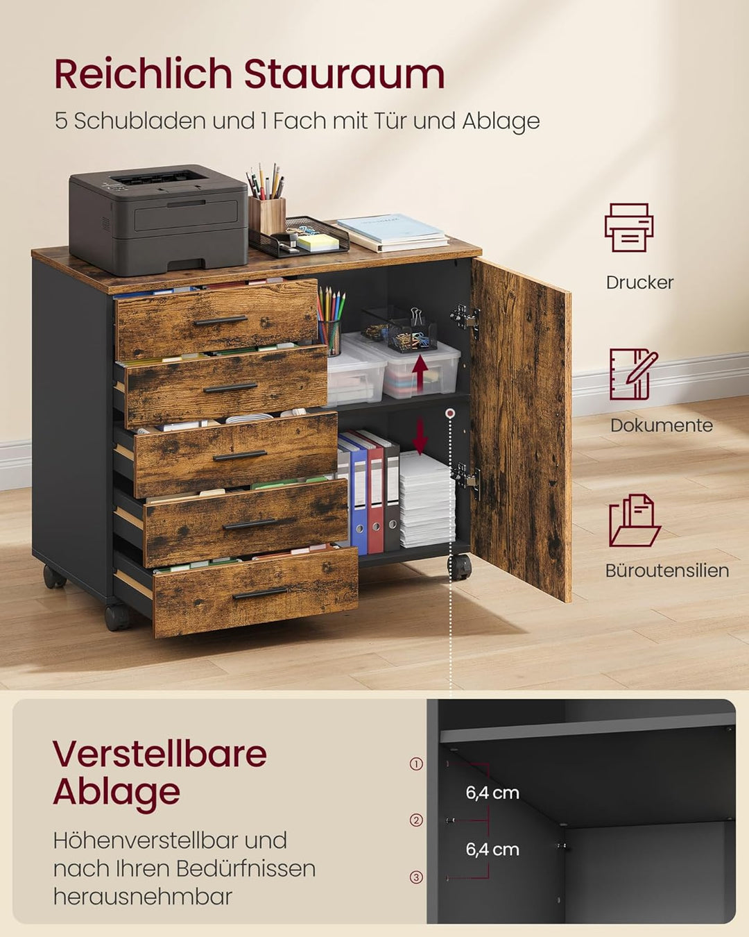 VASAGLE Rollcontainer, mobiler Aktenschrank, Schubladenschrank, Schrank mit Tür, Druckerständer mit