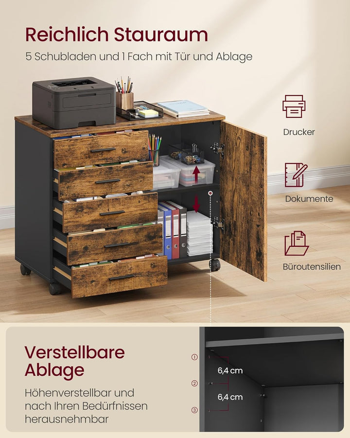VASAGLE Rollcontainer, mobiler Aktenschrank, Schubladenschrank, Schrank mit Tür, Druckerständer mit