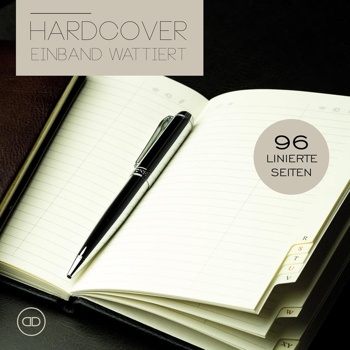 DELMON VARONE - Personalisierbares Adressbuch DIN A6 gebunden mit A-Z Register Vintage Anilin Leder