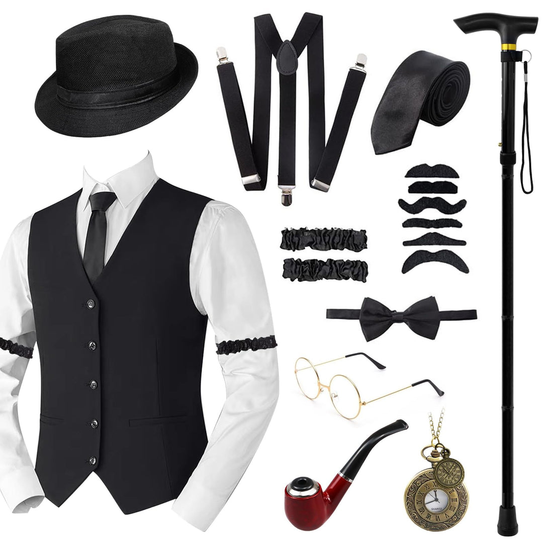 Grantop Herren Kostüm 20er Jahre Set, Mafia Karneval Kostüm Herren, 20er Jahre Accessoires, 1920s Ja