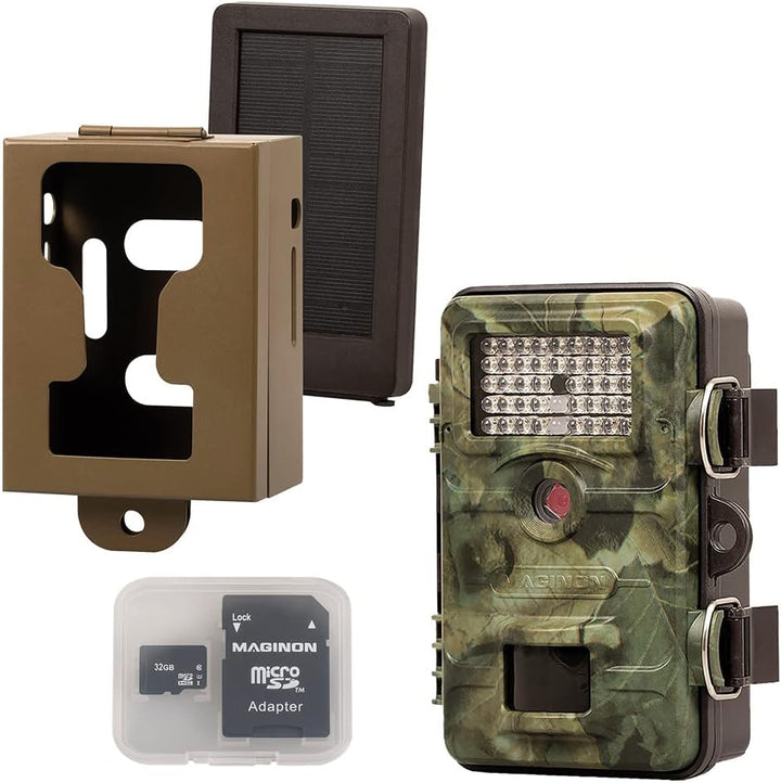 Maginon Wildkamera WK 4 HDW Profi Set, Tier-Überwachungskamera Ink. Diebstahlgehäuse,Solarpanel und
