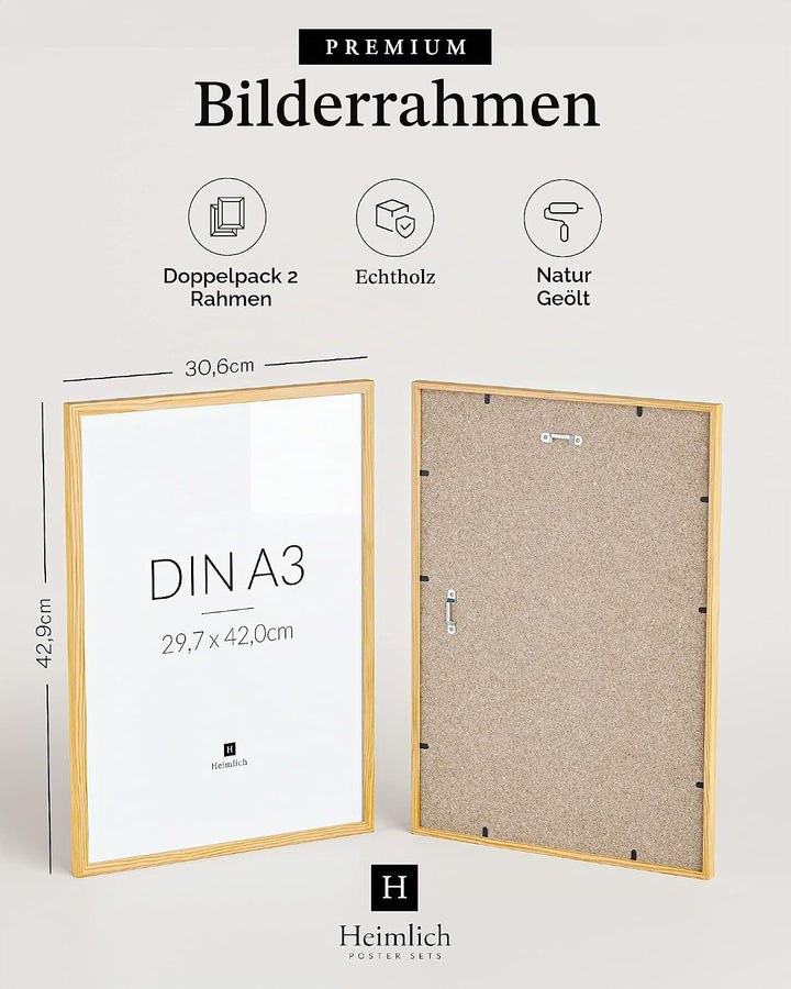 Heimlich® Doppelpack (2 STK.) Bilderrahmen DIN A3 Holz Natur | Bilderrahmen Holz | Natur DIN A3 (11.