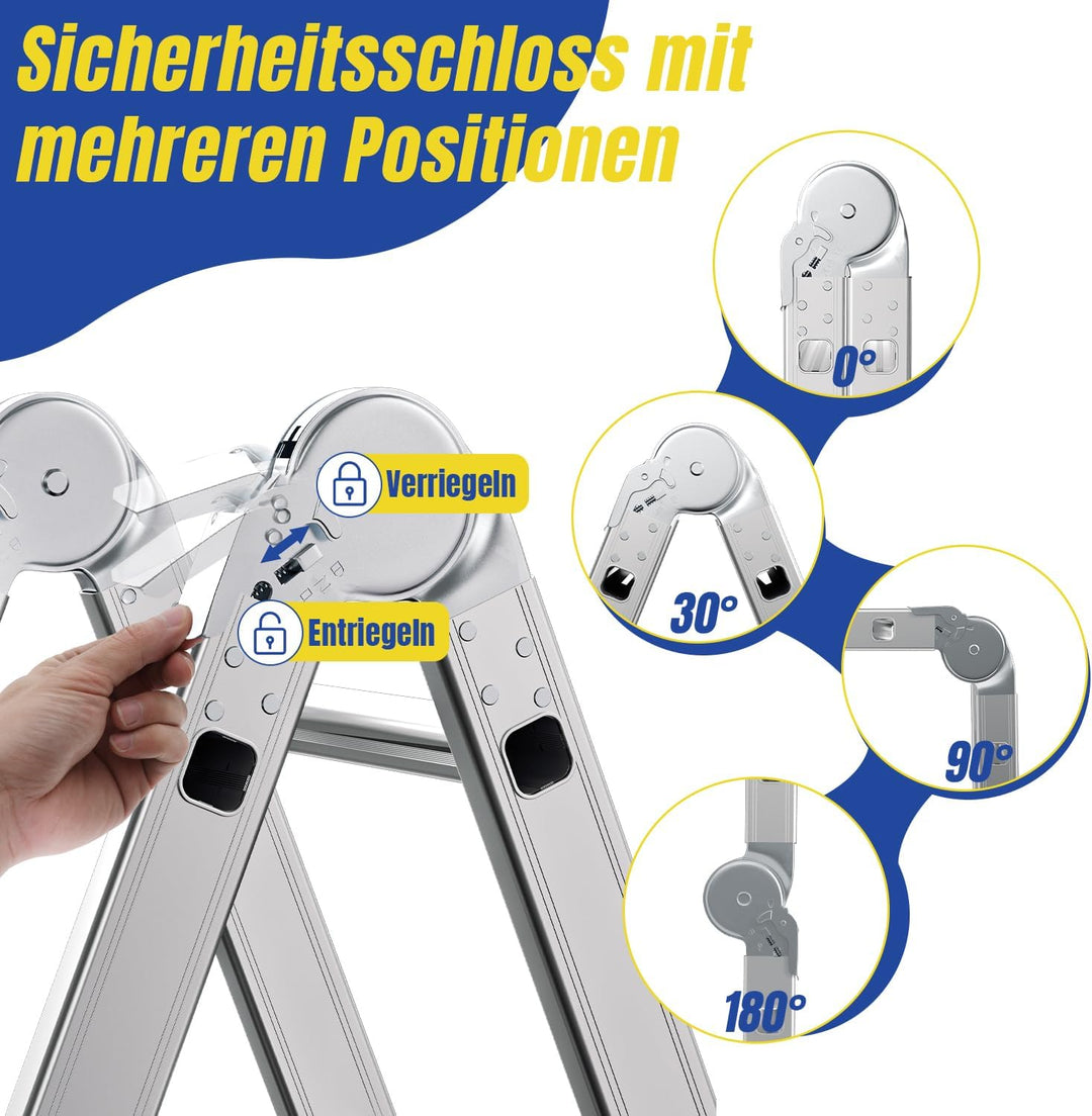 Mehrzweckleiter 4x3, 7in1 Multifunktionsleiter 366CM Alu Vielzweckleiter Klappleiter mit 2 Plattform