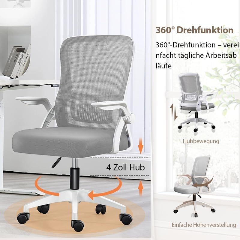 Bürostuhl,Ergonomischer Drehstuhl mit Atmungsaktiver Mesh-Rückenlehne,Hochklappbaren Armlehnen und L