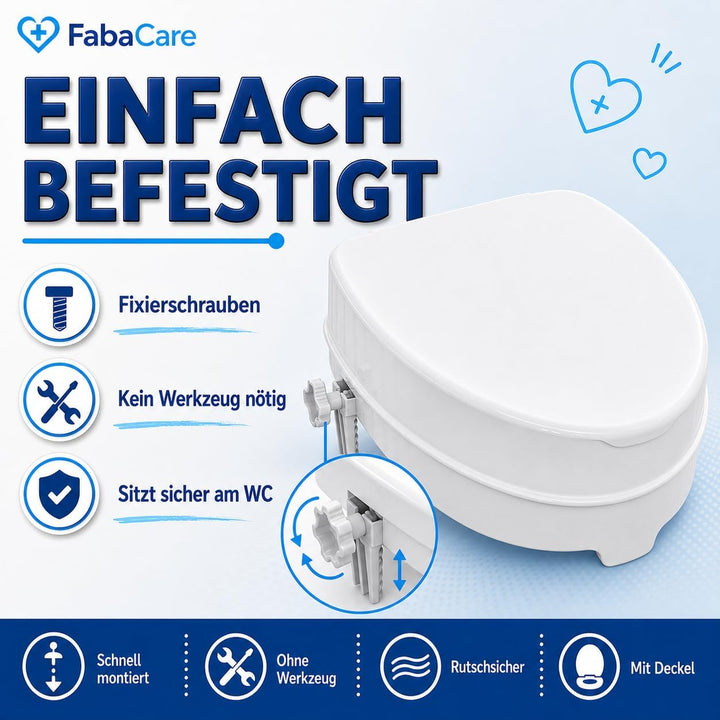 FabaCare Toilettensitzerhöhung Smart, Toilettenaufsatz, WC-Sitz bis 250 kg belastbar, 15 cm mit Deck