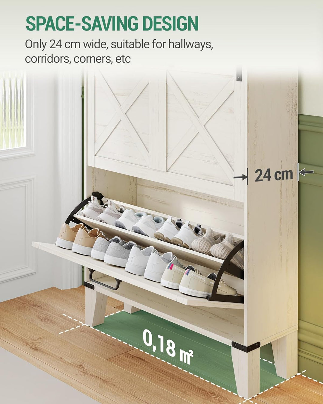 Hzuaneri Schuhschrank mit 2 Klappen, Schuhregal Schuhkipper Schmal, 1 Grosse Schublade, Verstellbar,