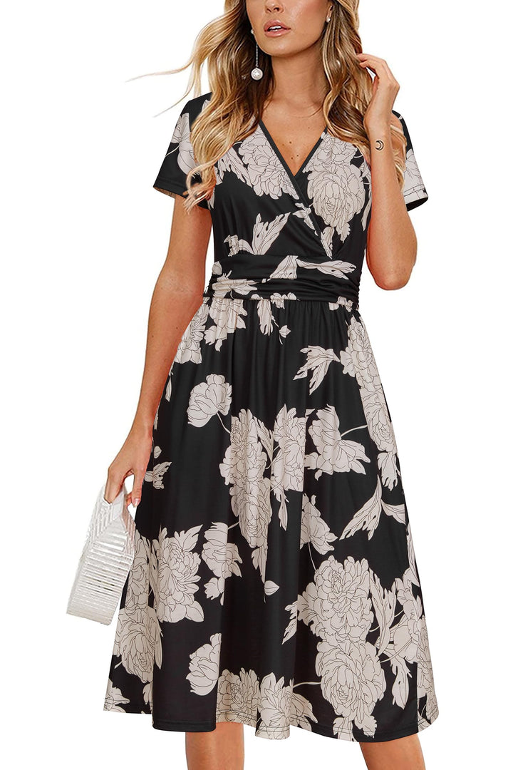 OUGES Kleid Damen Kurzarm/Langarm Sommer Herbstkleid V-Ausschnitt Casual Midi Freizeitkleid mit Tasc