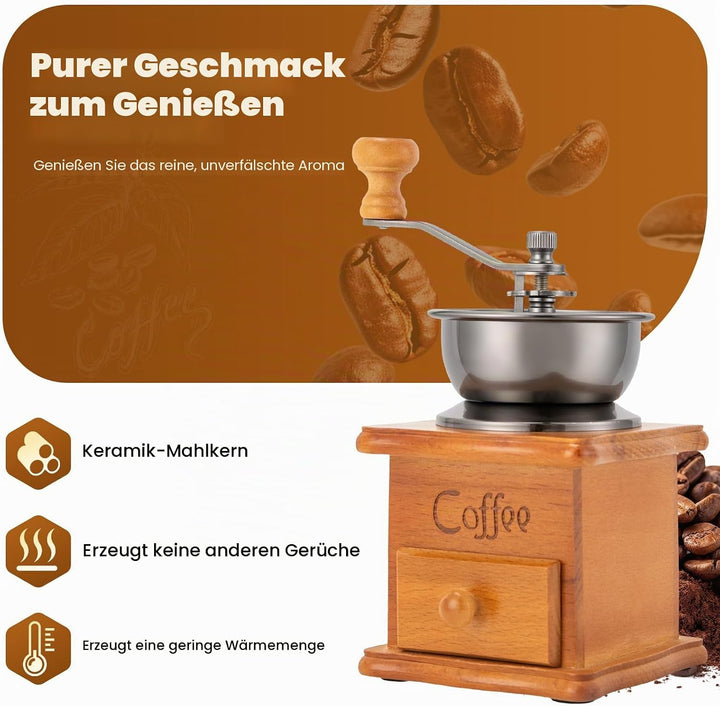 Kaffeemühle Manuell, Braun Retro Manuelle Kaffeemühle, 9,5x6,5x16 cm, handmühle für kaffeebohnen, gr