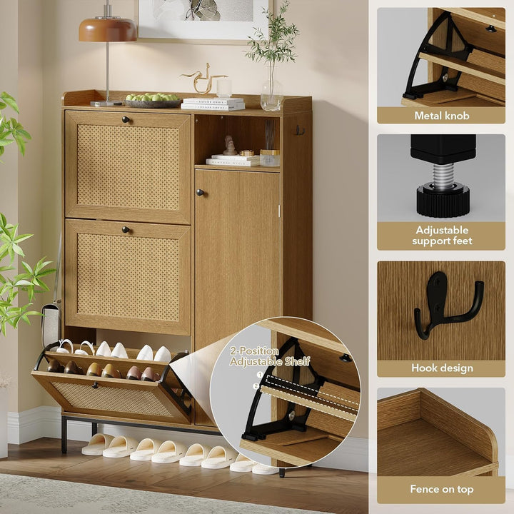 Garvee Schuhschrank Mit 3 Klappfächern &amp; 4 Offenen Regalen – Rattan-Design, Verstellbare Ablagen, Me