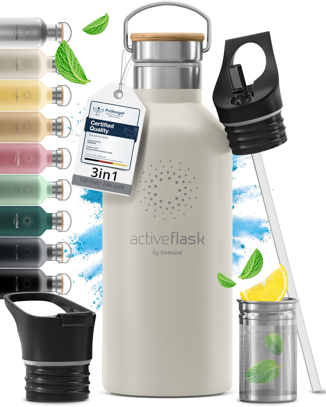 Trinkflasche Edelstahl mit Strohhalm, Infuser + 3 Deckel: BPA-frei, Auslaufsicher, Kohlensäure geeig