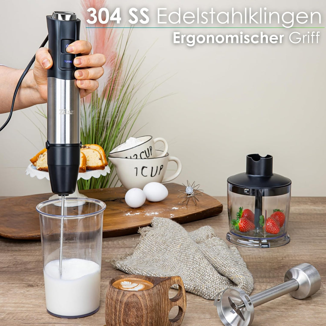 5-in-1 Stabmixer Set 1200 Watt Pürierstab, Zerkleinerer, Schneebesen, Milchaufschäumer, Messbecher L