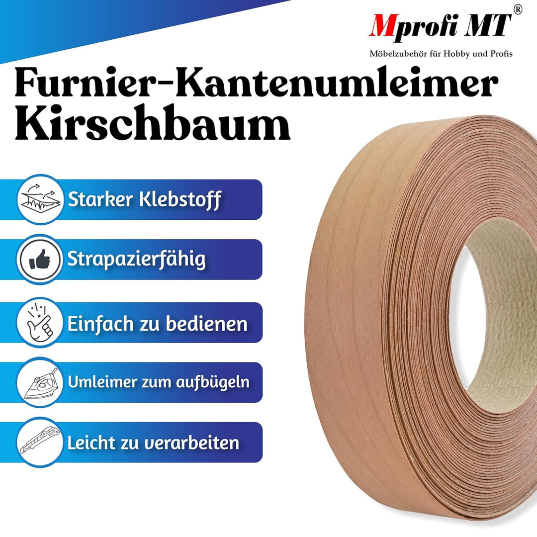 Mprofi MT® Kantenumleimer Kirschbaum | 22 mm x 5 m | Echtholz Furnier Kantenband | Bügelkantenumleim