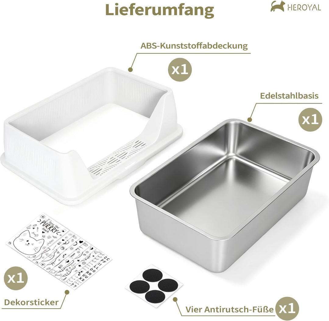 Katzenklo Edelstahl XXXL mit DIY-Aufkleber, 20L Katzentoilette Edelstahl mit Deckel, Grosse Kapazitä