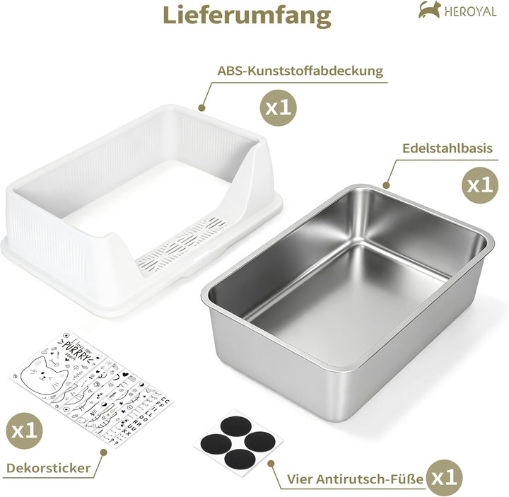 Katzenklo Edelstahl XXXL mit DIY-Aufkleber, 20L Katzentoilette Edelstahl mit Deckel, Grosse Kapazitä
