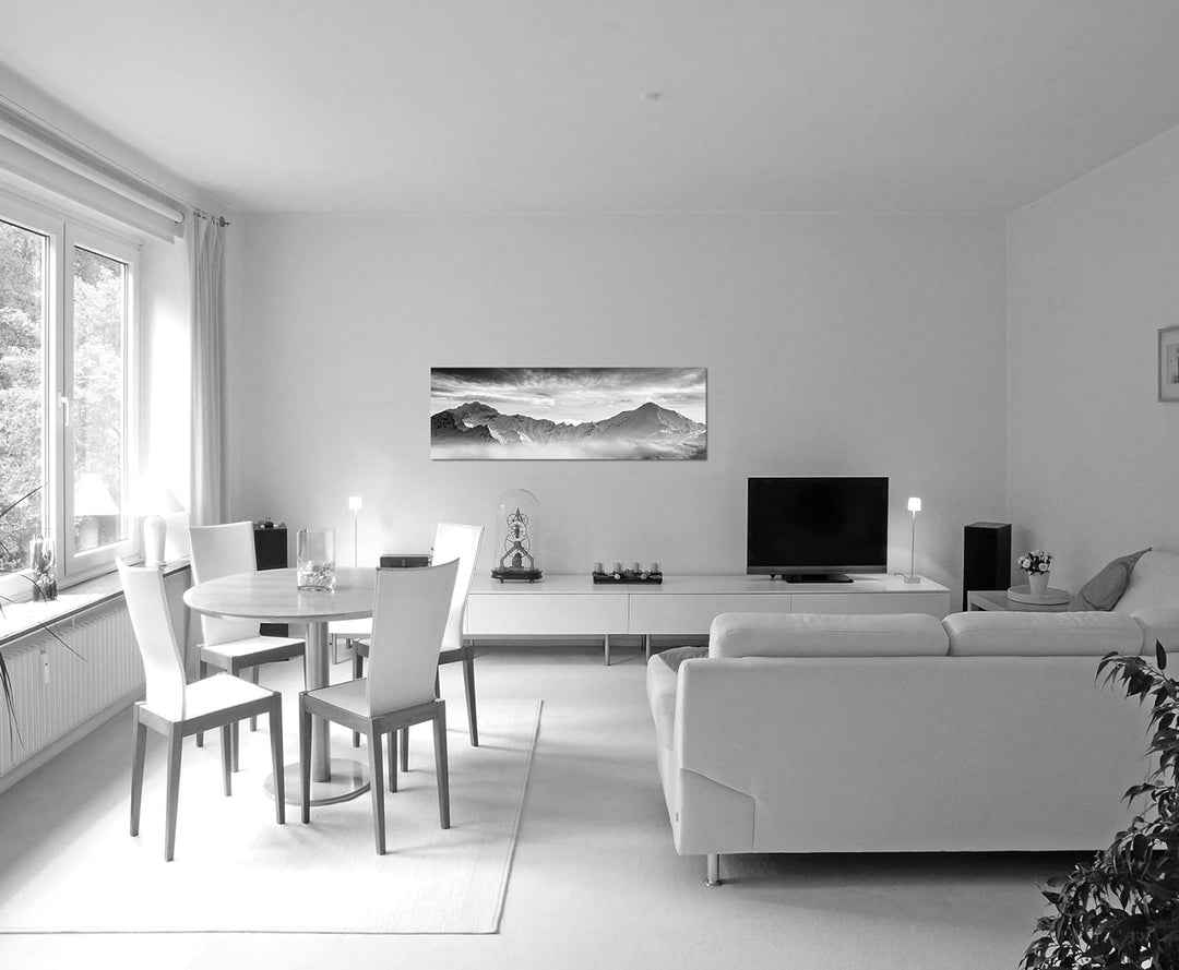 Paul Sinus Art Leinwandfoto als Panorama SCHWARZ/Weiss 150x50cm Berge Wald Schnee Nebel Abend