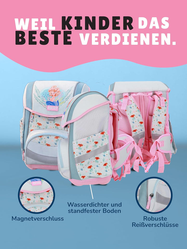Familando - Schulranzen Set 5-teilig - Rosa Meerjungfrau (Meermaid) - Ergonomisch, stabil & mit gepo
