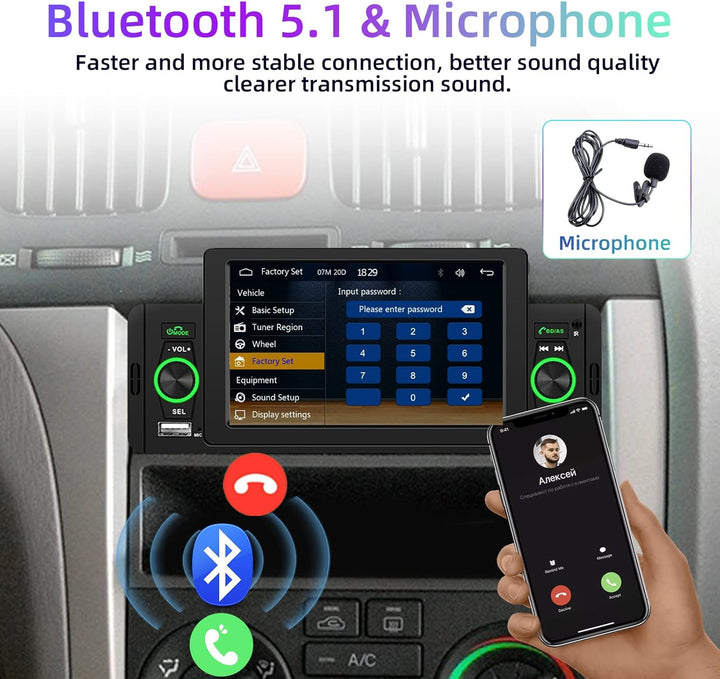 Podofo Autoradio 1 Din mit Apple Carplay Bluetooth 5.1 Android Auto, 5 Zoll Auto Radio Stereo mit Bi