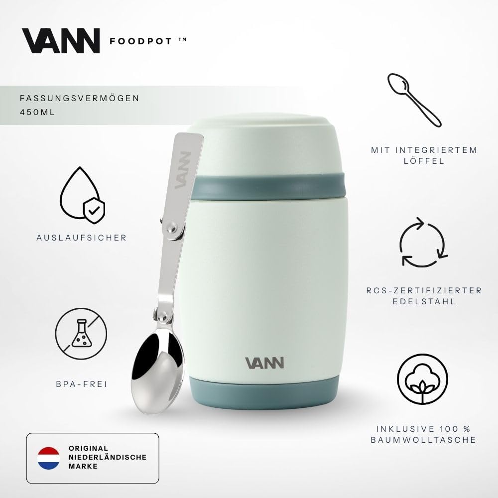 VANN Thermobecher für Essen 450 ml – Thermobehälter [16h kalt, 9h warm] – Recycelte Edelstahl Thermo